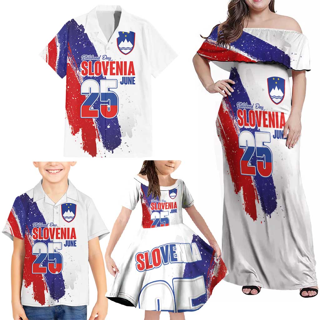 Slovenia Statehood Day Family Matching Off Shoulder Maxi Dress and Hawaiian Shirt 25 June National Flag Color Brush Stroke Style