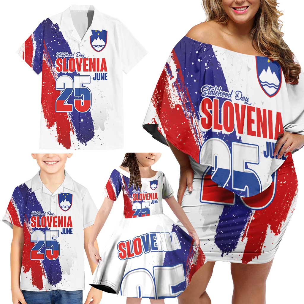 Slovenia Statehood Day Family Matching Off Shoulder Short Dress and Hawaiian Shirt 25 June National Flag Color Brush Stroke Style