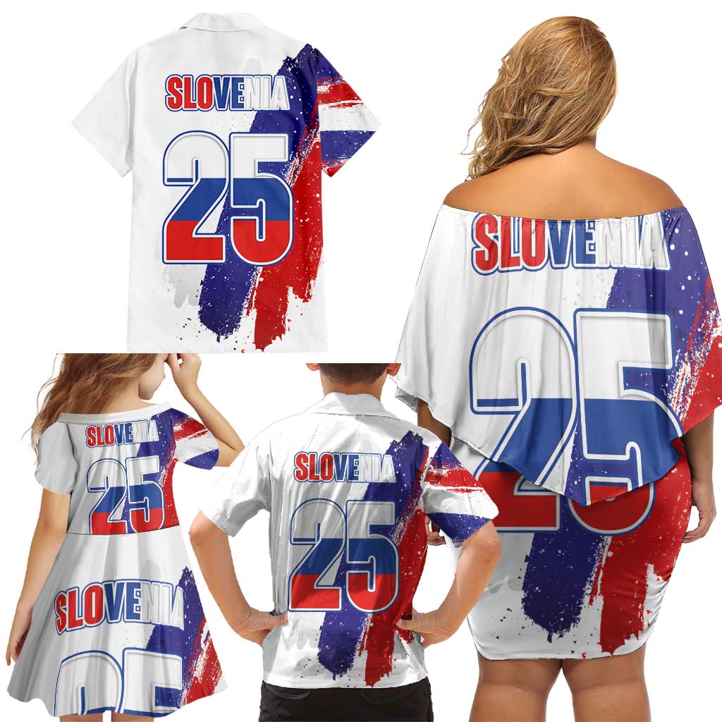Slovenia Statehood Day Family Matching Off Shoulder Short Dress and Hawaiian Shirt 25 June National Flag Color Brush Stroke Style