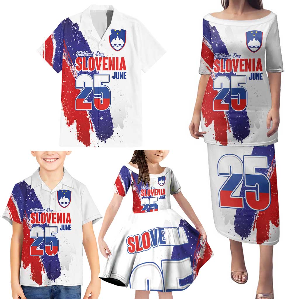 Slovenia Statehood Day Family Matching Puletasi and Hawaiian Shirt 25 June National Flag Color Brush Stroke Style