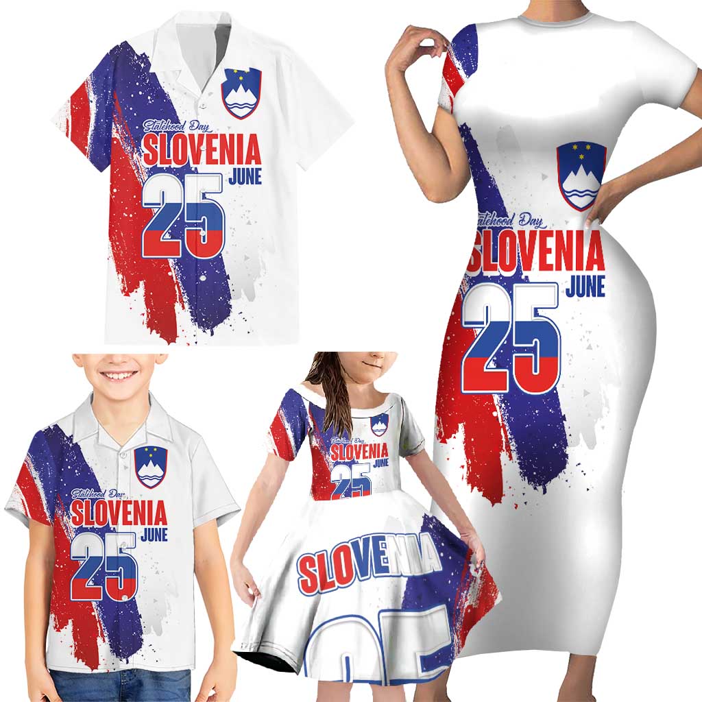 Slovenia Statehood Day Family Matching Short Sleeve Bodycon Dress and Hawaiian Shirt 25 June National Flag Color Brush Stroke Style