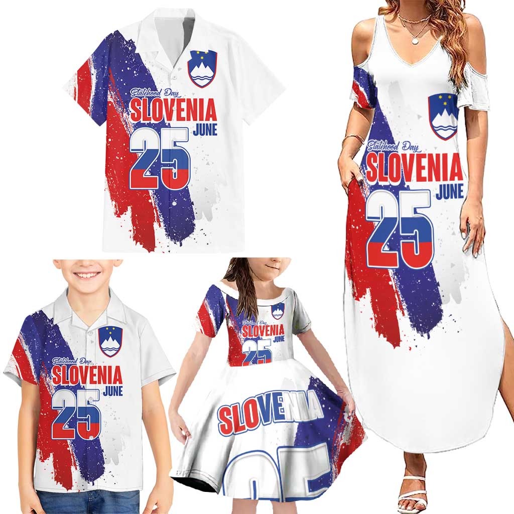 Slovenia Statehood Day Family Matching Summer Maxi Dress and Hawaiian Shirt 25 June National Flag Color Brush Stroke Style