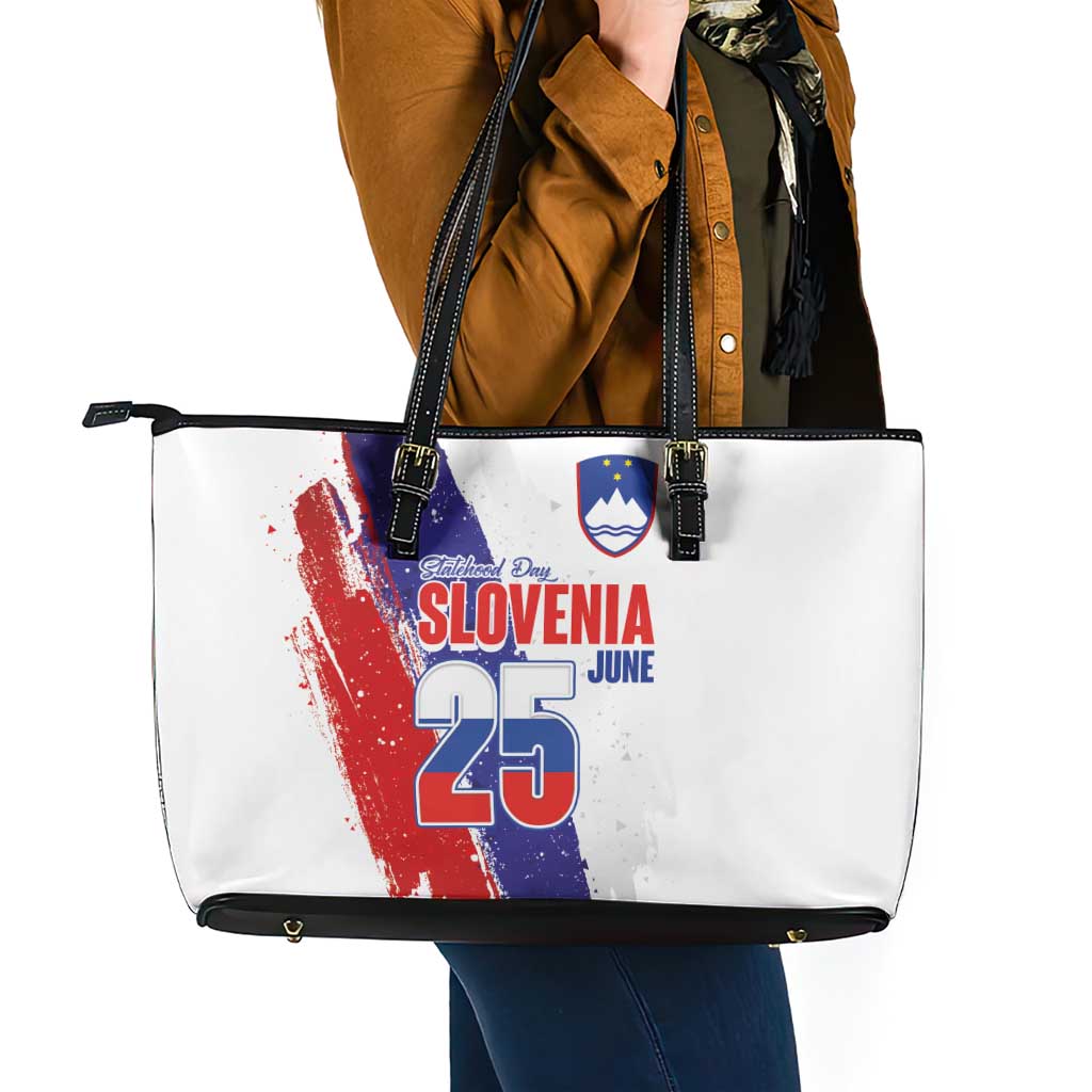 Slovenia Statehood Day Leather Tote Bag 25 June National Flag Color Brush Stroke Style