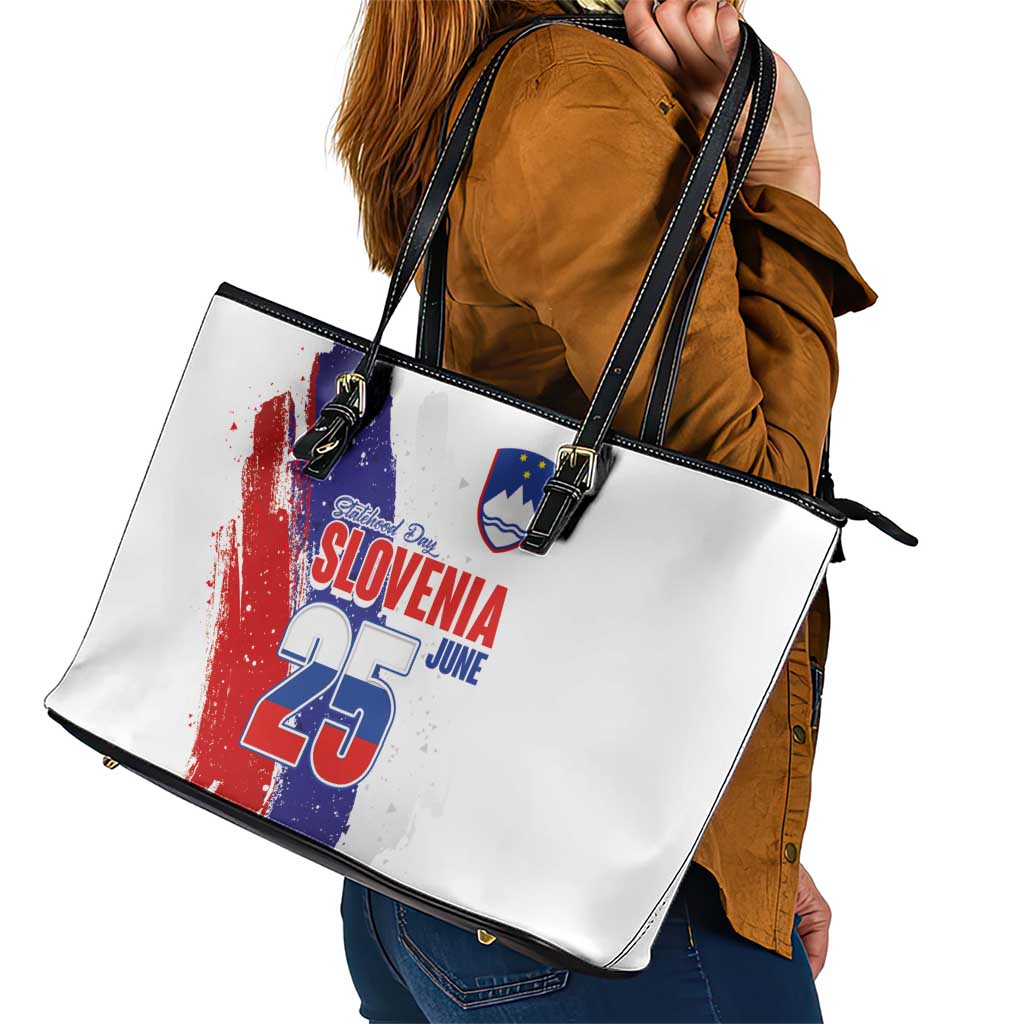Slovenia Statehood Day Leather Tote Bag 25 June National Flag Color Brush Stroke Style