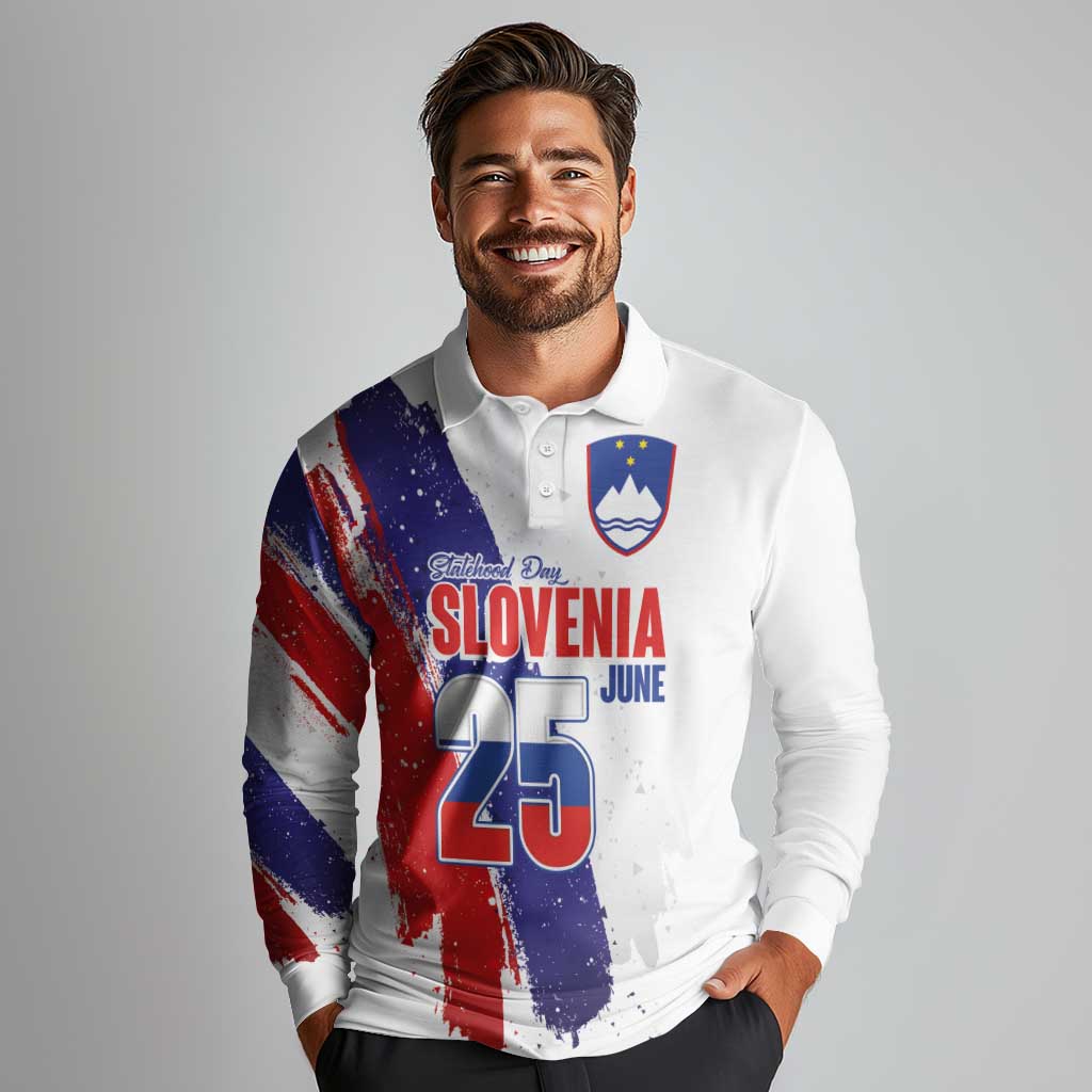 Slovenia Statehood Day Long Sleeve Polo Shirt 25 June National Flag Color Brush Stroke Style