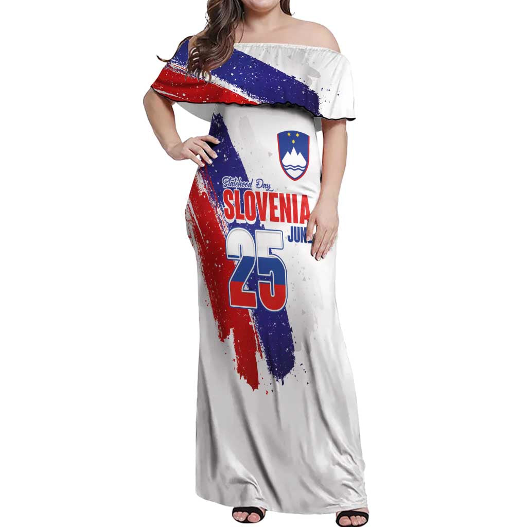 Slovenia Statehood Day Off Shoulder Maxi Dress 25 June National Flag Color Brush Stroke Style