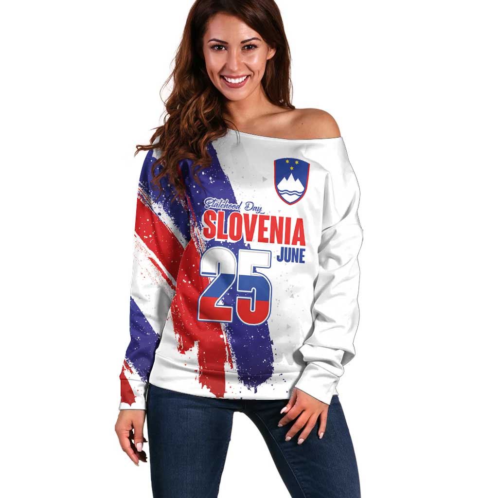 Slovenia Statehood Day Off Shoulder Sweater 25 June National Flag Color Brush Stroke Style