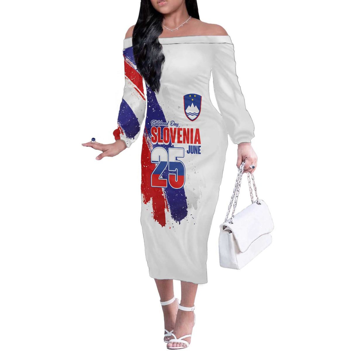 Slovenia Statehood Day Off The Shoulder Long Sleeve Dress 25 June National Flag Color Brush Stroke Style