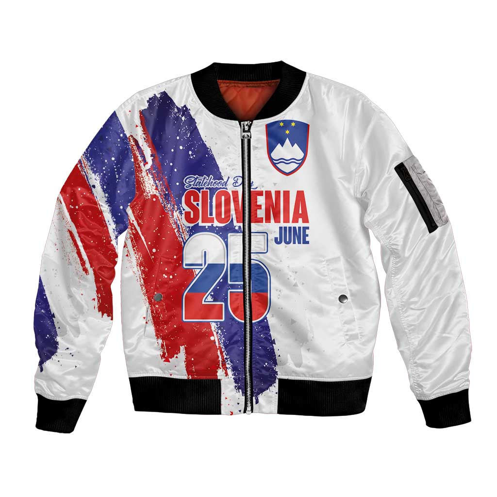 Slovenia Statehood Day Sleeve Zip Bomber Jacket 25 June National Flag Color Brush Stroke Style
