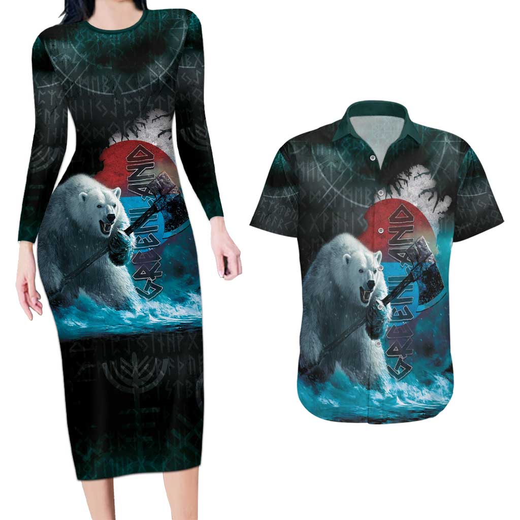 Greenlandic Polar Bear Warrior Couples Matching Long Sleeve Bodycon Dress and Hawaiian Shirt Nordic and Runes Style - Wonder Print Shop