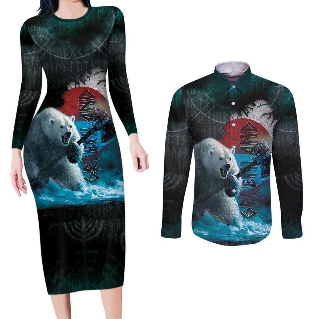 Greenlandic Polar Bear Warrior Couples Matching Long Sleeve Bodycon Dress and Long Sleeve Button Shirt Nordic and Runes Style - Wonder Print Shop