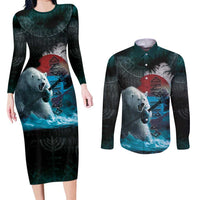 Greenlandic Polar Bear Warrior Couples Matching Long Sleeve Bodycon Dress and Long Sleeve Button Shirt Nordic and Runes Style - Wonder Print Shop