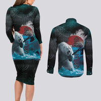 Greenlandic Polar Bear Warrior Couples Matching Long Sleeve Bodycon Dress and Long Sleeve Button Shirt Nordic and Runes Style - Wonder Print Shop
