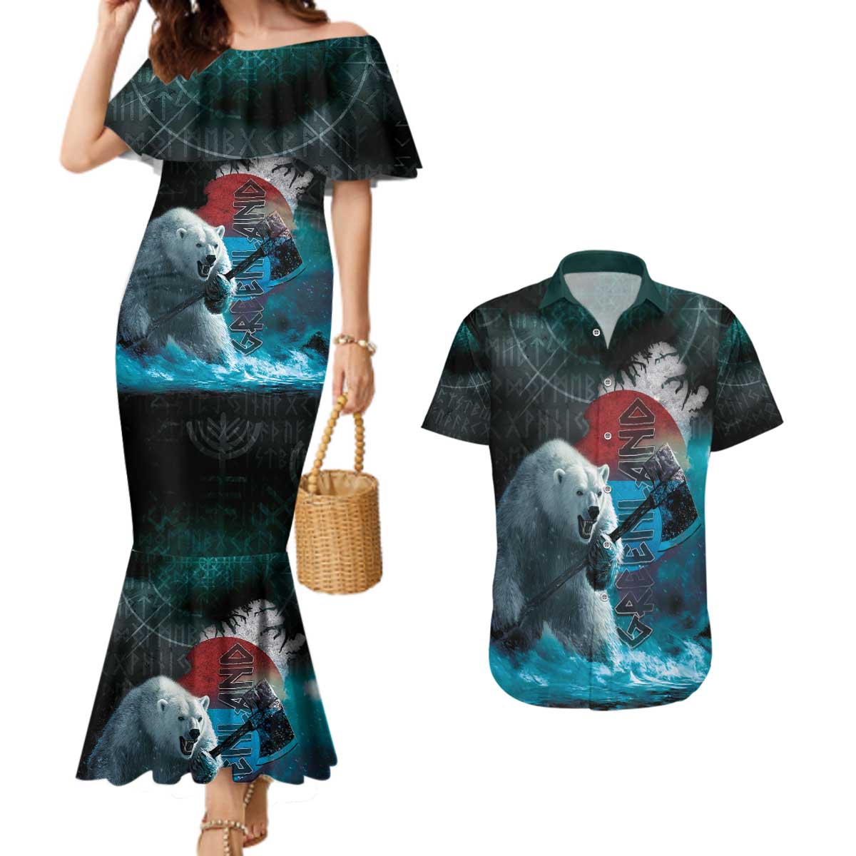 Greenlandic Polar Bear Warrior Couples Matching Mermaid Dress and Hawaiian Shirt Nordic and Runes Style - Wonder Print Shop