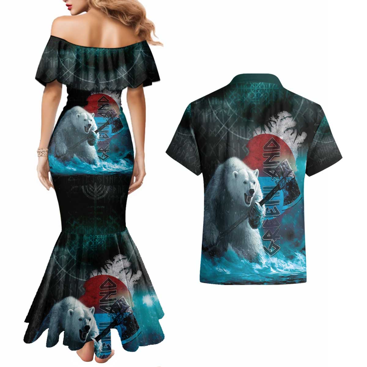 Greenlandic Polar Bear Warrior Couples Matching Mermaid Dress and Hawaiian Shirt Nordic and Runes Style - Wonder Print Shop