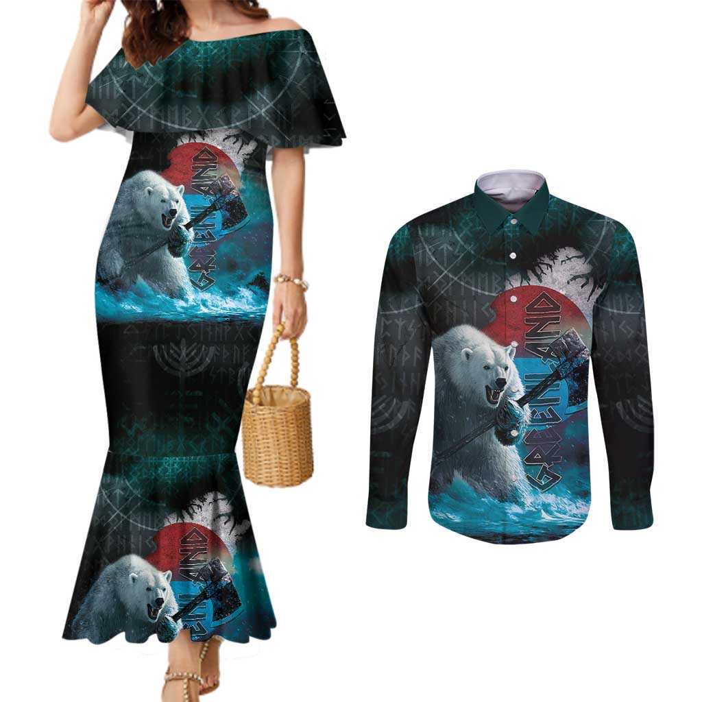 Greenlandic Polar Bear Warrior Couples Matching Mermaid Dress and Long Sleeve Button Shirt Nordic and Runes Style - Wonder Print Shop