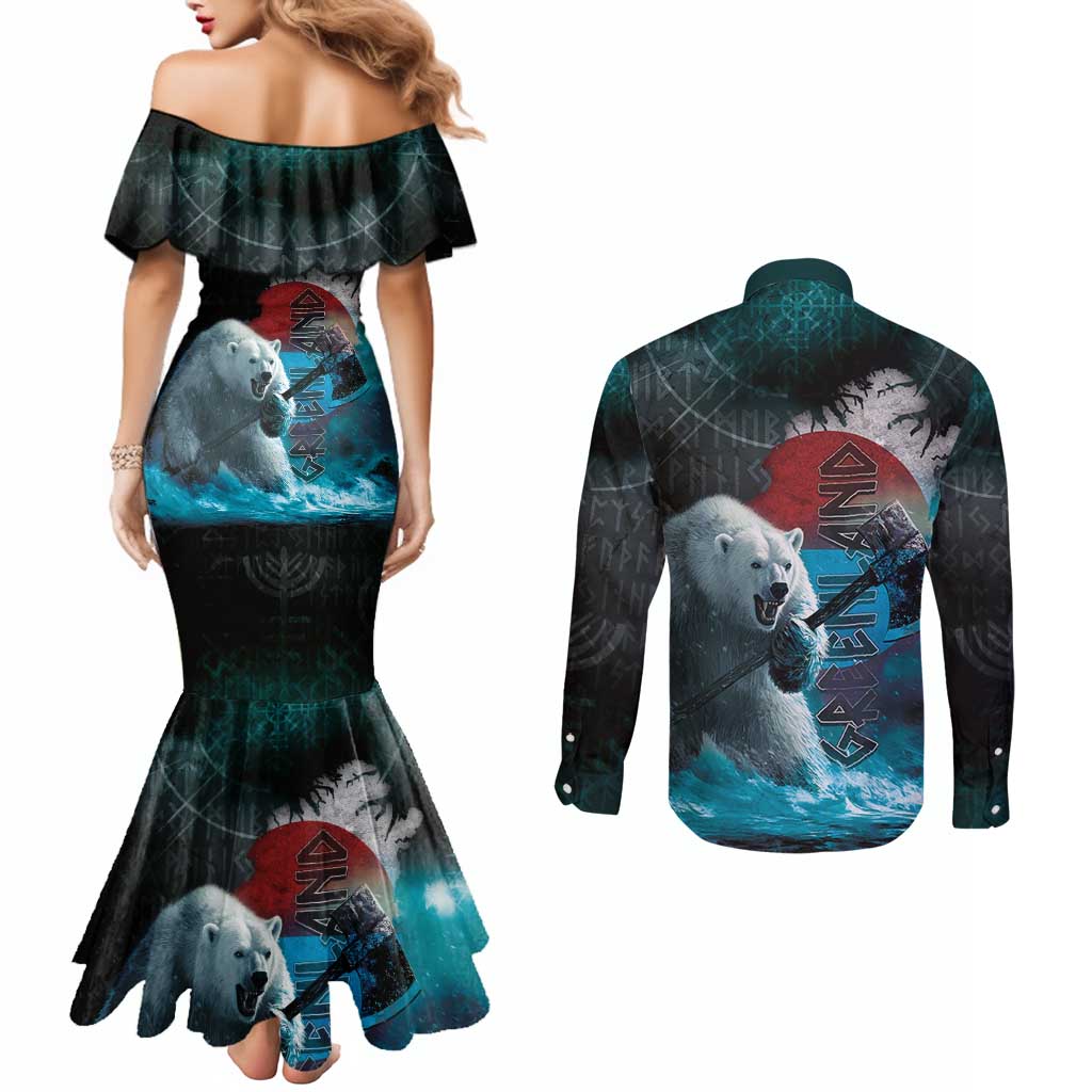 Greenlandic Polar Bear Warrior Couples Matching Mermaid Dress and Long Sleeve Button Shirt Nordic and Runes Style - Wonder Print Shop