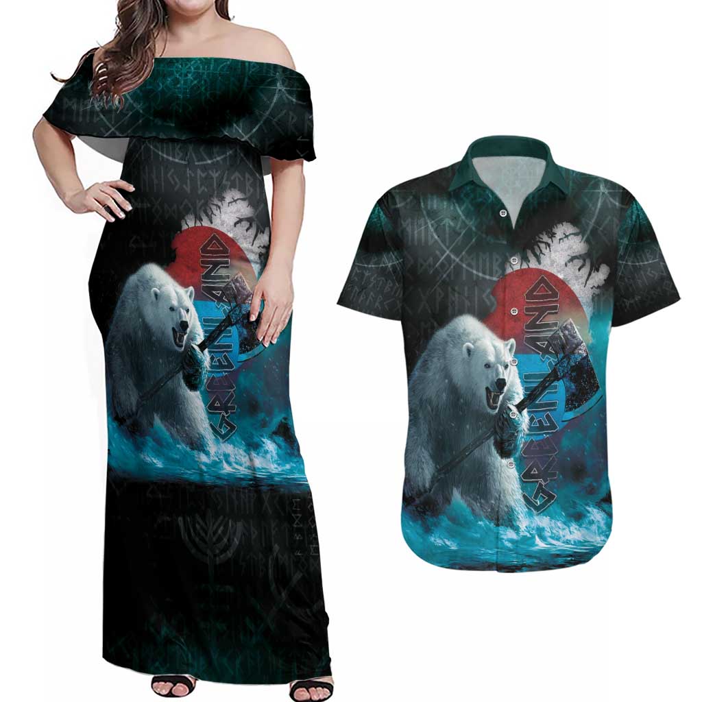 Greenlandic Polar Bear Warrior Couples Matching Off Shoulder Maxi Dress and Hawaiian Shirt Nordic and Runes Style - Wonder Print Shop