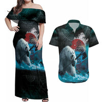 Greenlandic Polar Bear Warrior Couples Matching Off Shoulder Maxi Dress and Hawaiian Shirt Nordic and Runes Style - Wonder Print Shop