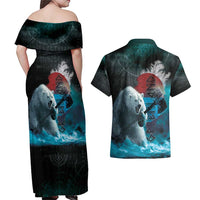 Greenlandic Polar Bear Warrior Couples Matching Off Shoulder Maxi Dress and Hawaiian Shirt Nordic and Runes Style - Wonder Print Shop