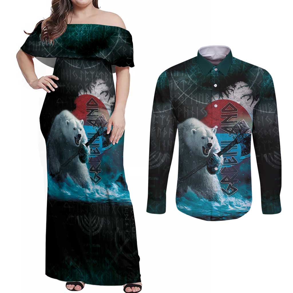 Greenlandic Polar Bear Warrior Couples Matching Off Shoulder Maxi Dress and Long Sleeve Button Shirt Nordic and Runes Style - Wonder Print Shop