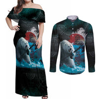 Greenlandic Polar Bear Warrior Couples Matching Off Shoulder Maxi Dress and Long Sleeve Button Shirt Nordic and Runes Style - Wonder Print Shop