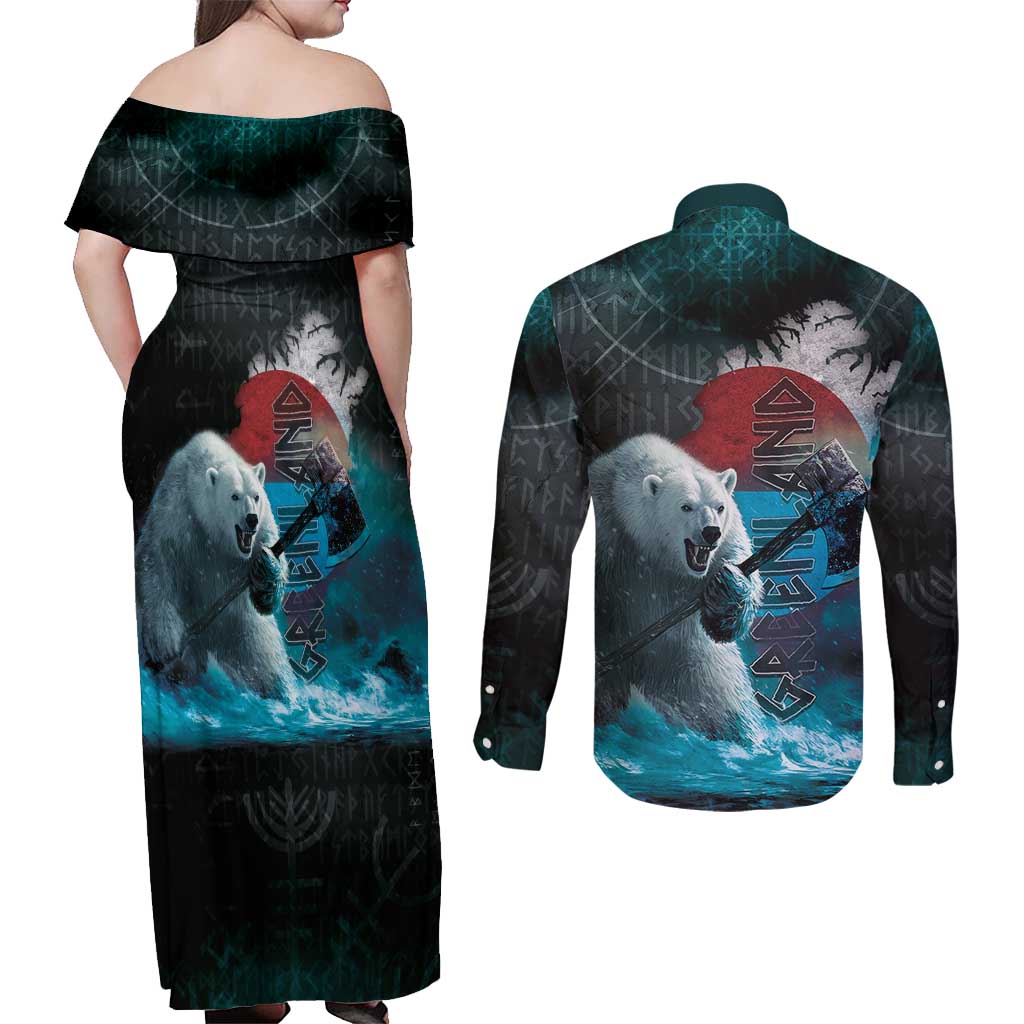 Greenlandic Polar Bear Warrior Couples Matching Off Shoulder Maxi Dress and Long Sleeve Button Shirt Nordic and Runes Style - Wonder Print Shop