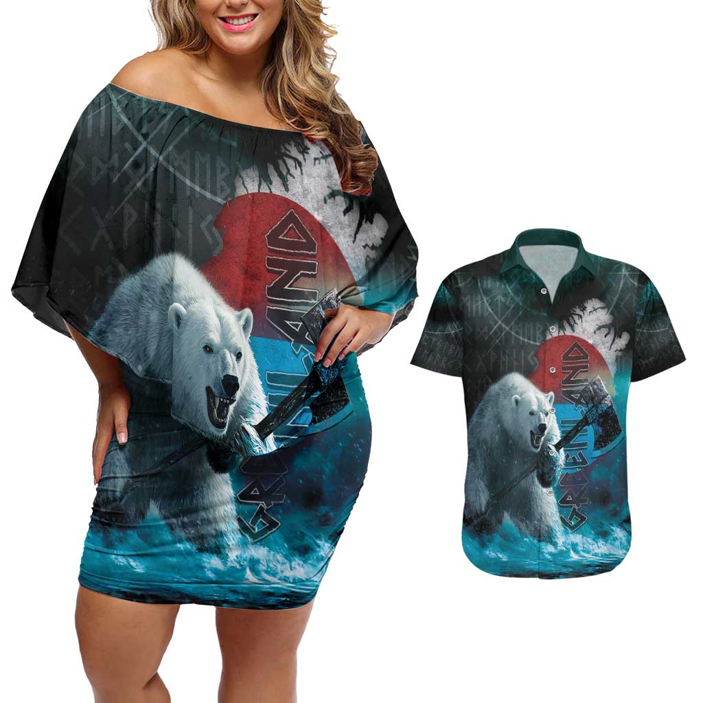 Greenlandic Polar Bear Warrior Couples Matching Off Shoulder Short Dress and Hawaiian Shirt Nordic and Runes Style - Wonder Print Shop
