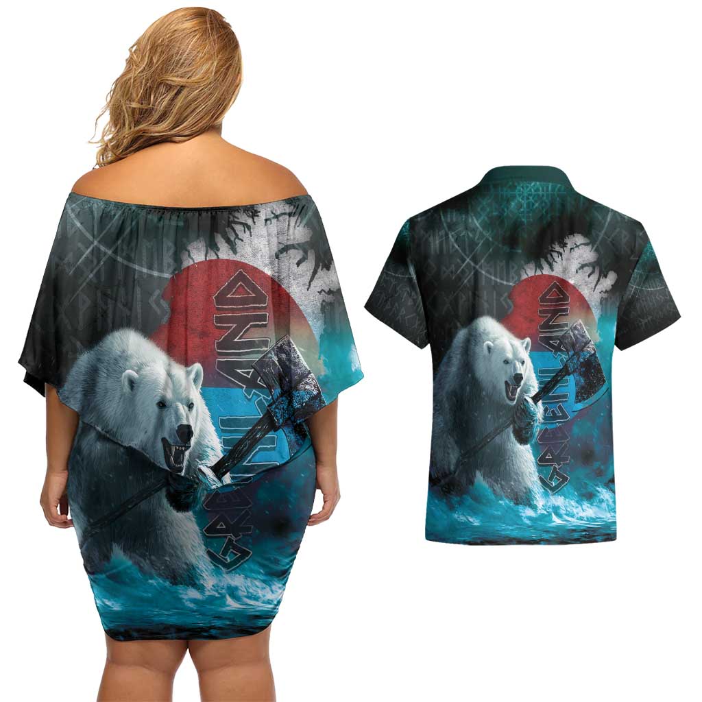 Greenlandic Polar Bear Warrior Couples Matching Off Shoulder Short Dress and Hawaiian Shirt Nordic and Runes Style - Wonder Print Shop
