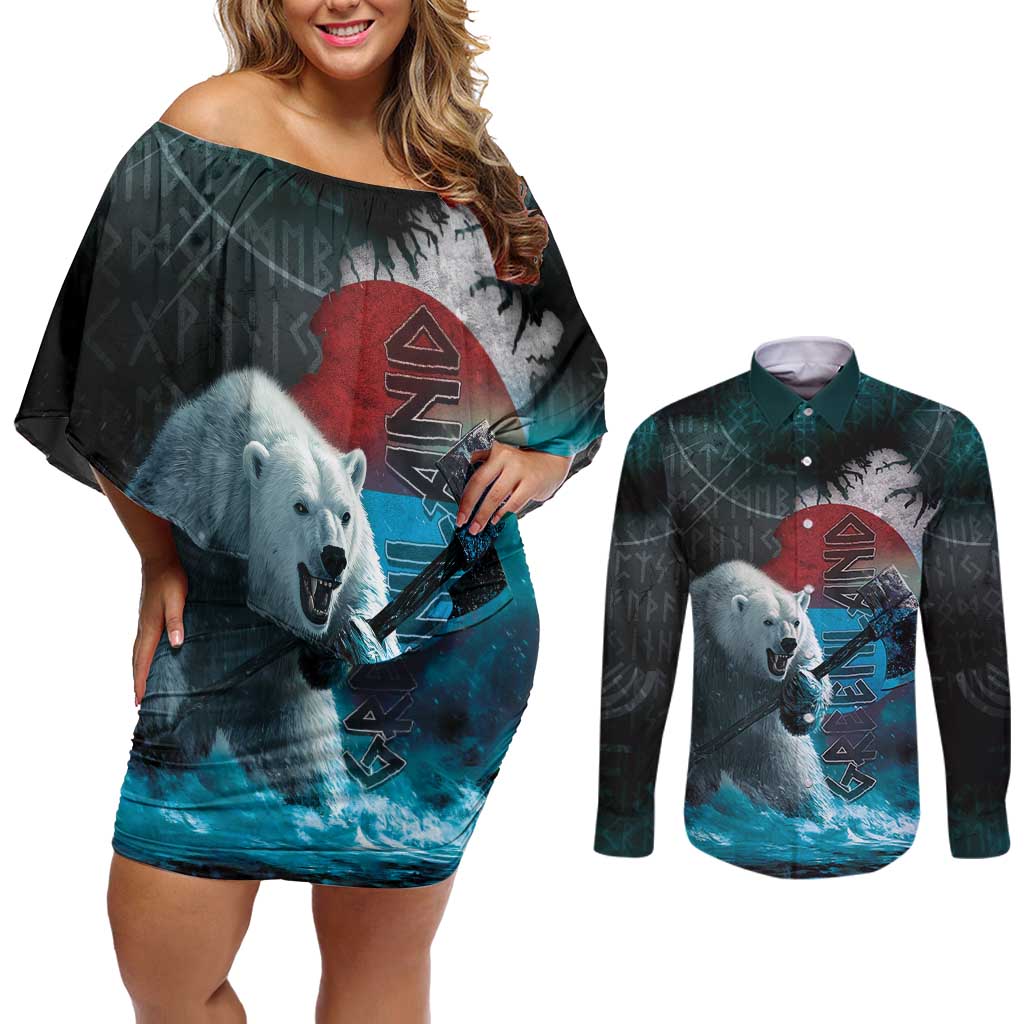 Greenlandic Polar Bear Warrior Couples Matching Off Shoulder Short Dress and Long Sleeve Button Shirt Nordic and Runes Style - Wonder Print Shop