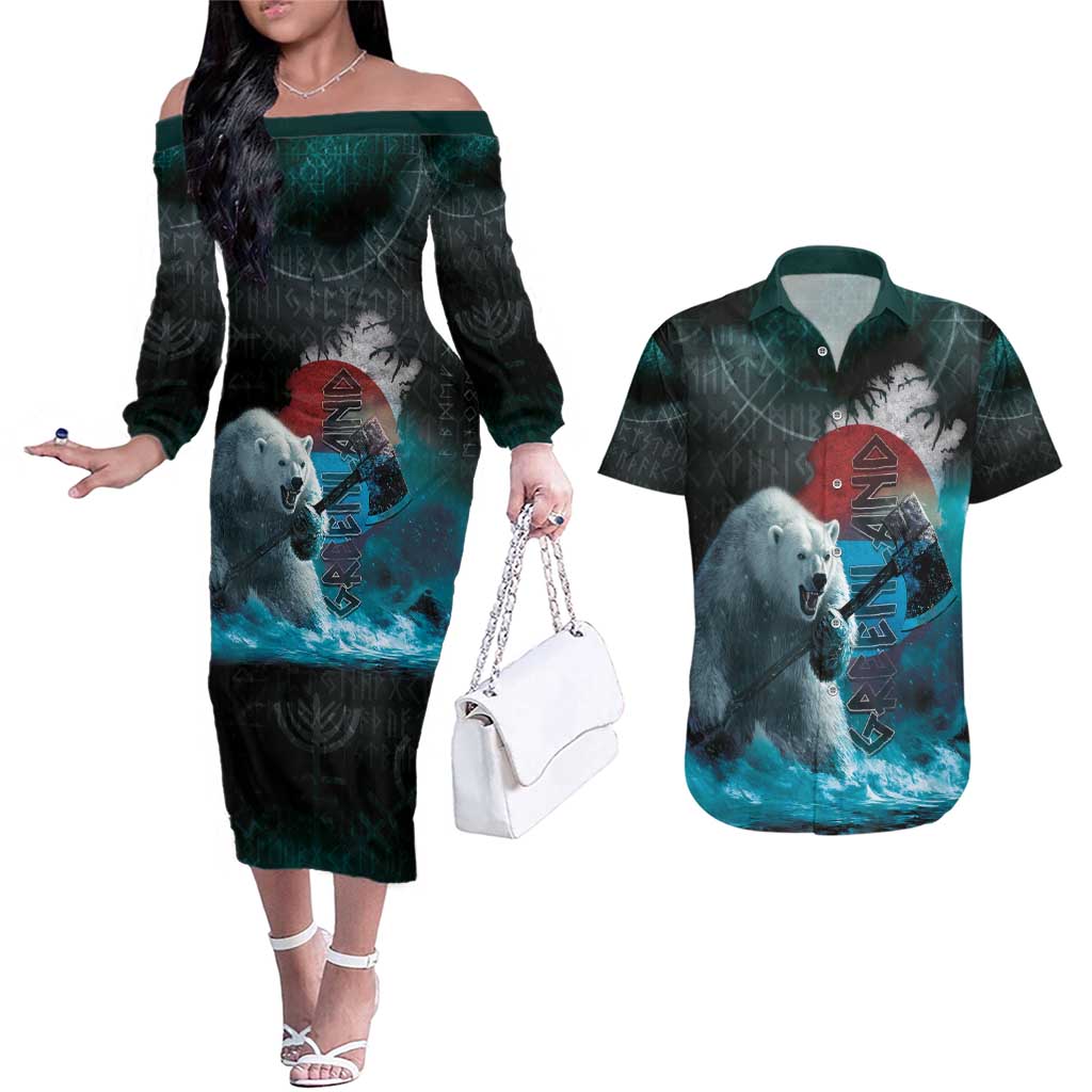 Greenlandic Polar Bear Warrior Couples Matching Off The Shoulder Long Sleeve Dress and Hawaiian Shirt Nordic and Runes Style - Wonder Print Shop