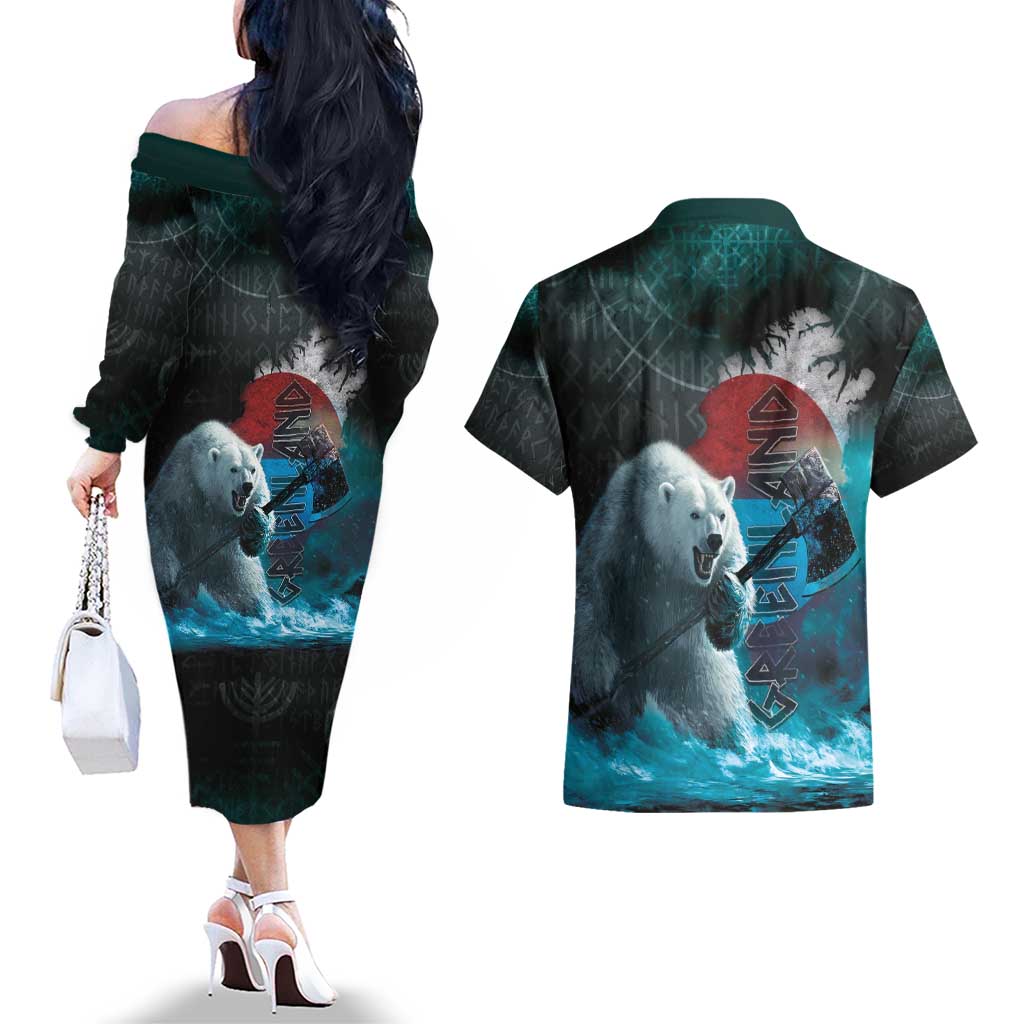 Greenlandic Polar Bear Warrior Couples Matching Off The Shoulder Long Sleeve Dress and Hawaiian Shirt Nordic and Runes Style - Wonder Print Shop