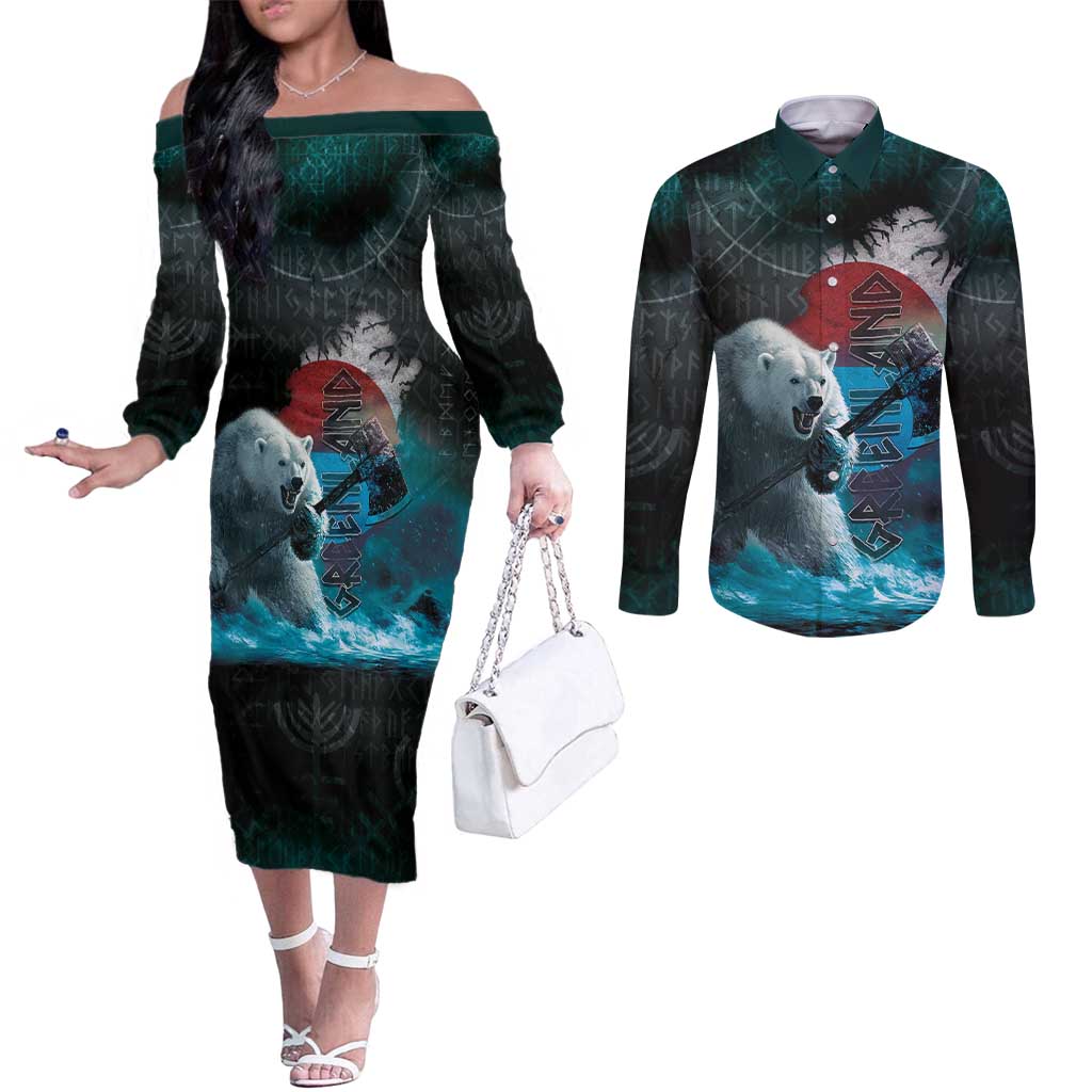 Greenlandic Polar Bear Warrior Couples Matching Off The Shoulder Long Sleeve Dress and Long Sleeve Button Shirt Nordic and Runes Style - Wonder Print Shop