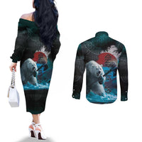 Greenlandic Polar Bear Warrior Couples Matching Off The Shoulder Long Sleeve Dress and Long Sleeve Button Shirt Nordic and Runes Style - Wonder Print Shop