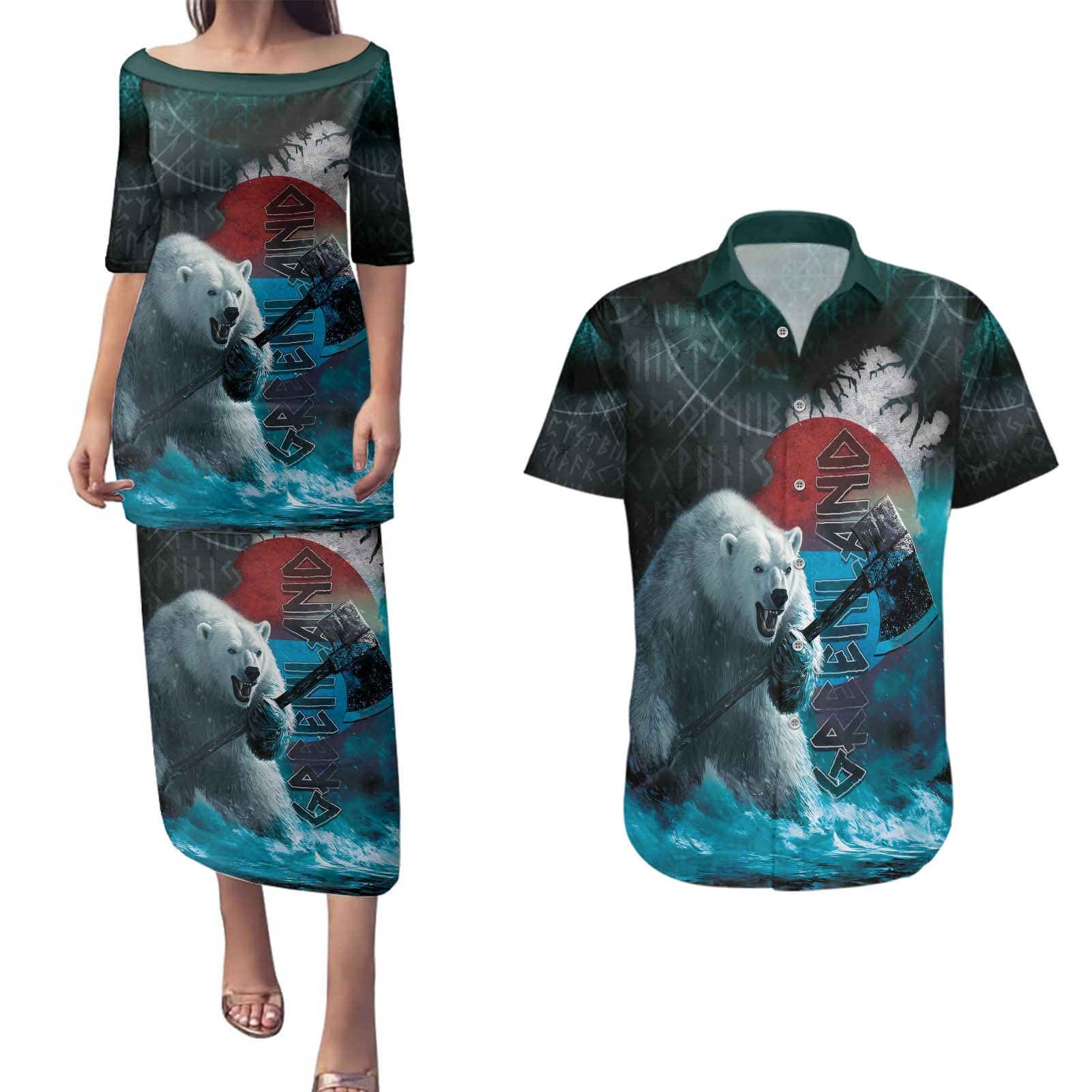 Greenlandic Polar Bear Warrior Couples Matching Puletasi and Hawaiian Shirt Nordic and Runes Style - Wonder Print Shop