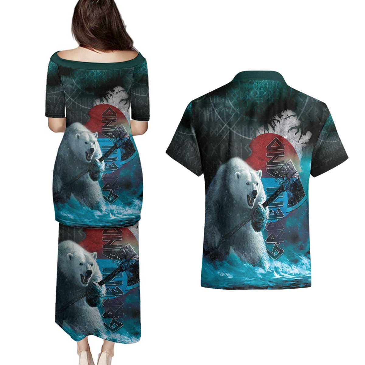 Greenlandic Polar Bear Warrior Couples Matching Puletasi and Hawaiian Shirt Nordic and Runes Style - Wonder Print Shop