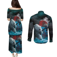Greenlandic Polar Bear Warrior Couples Matching Puletasi and Long Sleeve Button Shirt Nordic and Runes Style - Wonder Print Shop