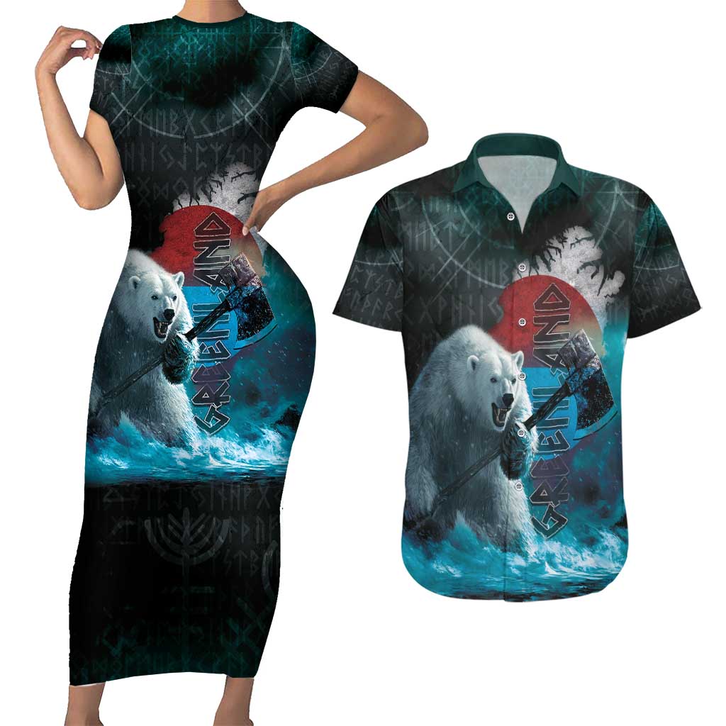 Greenlandic Polar Bear Warrior Couples Matching Short Sleeve Bodycon Dress and Hawaiian Shirt Nordic and Runes Style - Wonder Print Shop