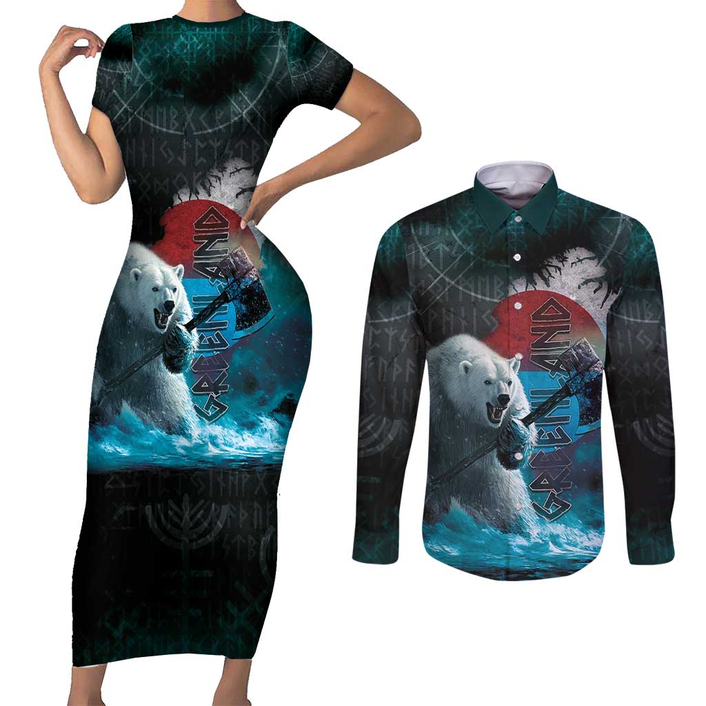 Greenlandic Polar Bear Warrior Couples Matching Short Sleeve Bodycon Dress and Long Sleeve Button Shirt Nordic and Runes Style - Wonder Print Shop