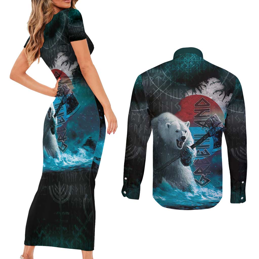 Greenlandic Polar Bear Warrior Couples Matching Short Sleeve Bodycon Dress and Long Sleeve Button Shirt Nordic and Runes Style - Wonder Print Shop