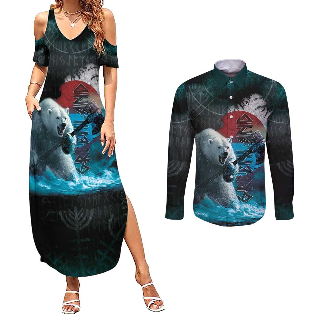 Greenlandic Polar Bear Warrior Couples Matching Summer Maxi Dress and Long Sleeve Button Shirt Nordic and Runes Style - Wonder Print Shop
