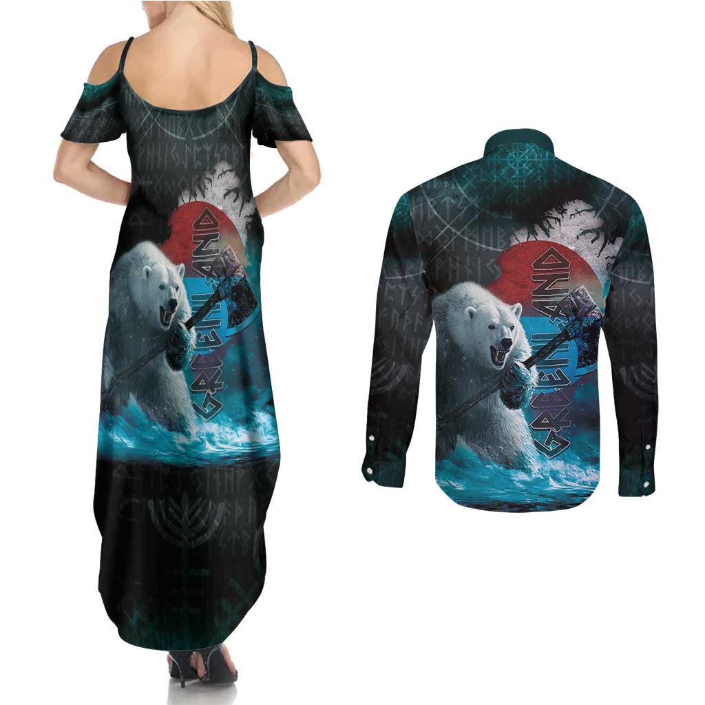 Greenlandic Polar Bear Warrior Couples Matching Summer Maxi Dress and Long Sleeve Button Shirt Nordic and Runes Style - Wonder Print Shop