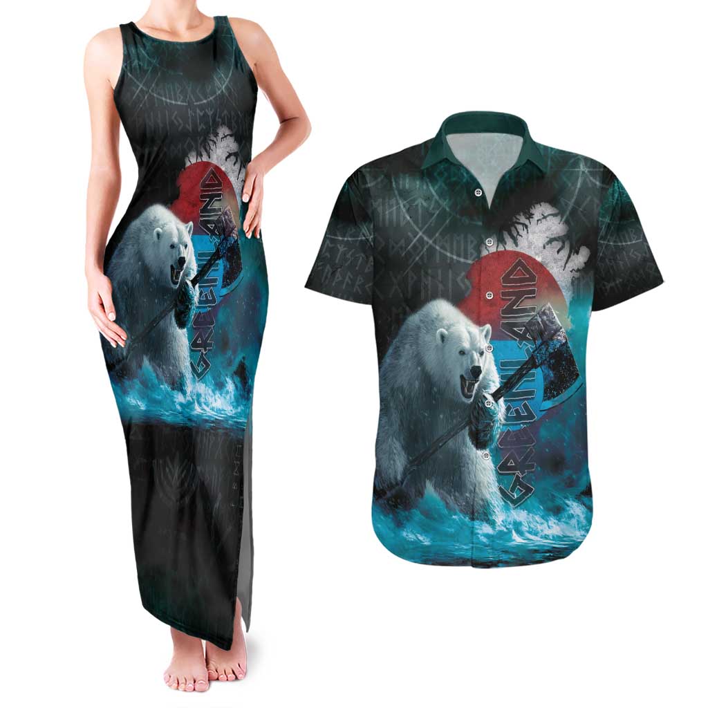 Greenlandic Polar Bear Warrior Couples Matching Tank Maxi Dress and Hawaiian Shirt Nordic and Runes Style - Wonder Print Shop