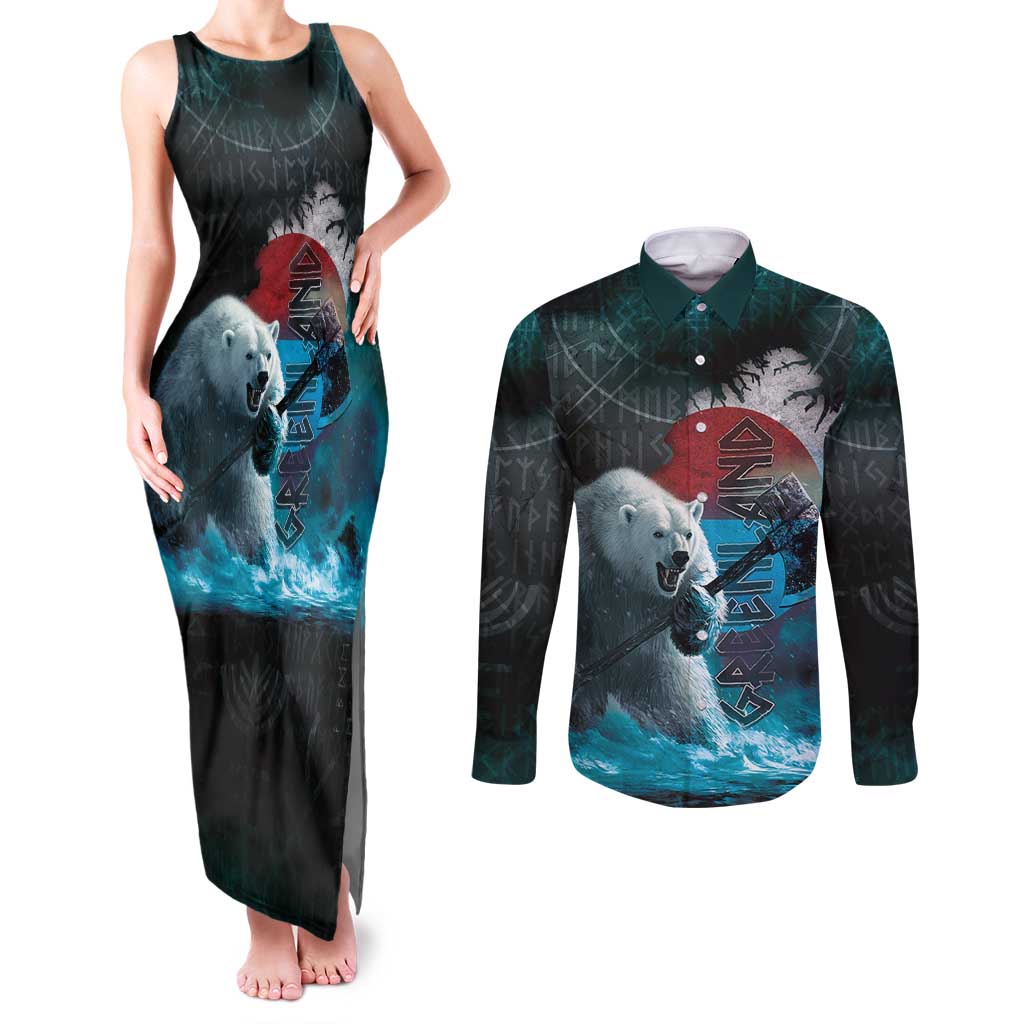 Greenlandic Polar Bear Warrior Couples Matching Tank Maxi Dress and Long Sleeve Button Shirt Nordic and Runes Style - Wonder Print Shop