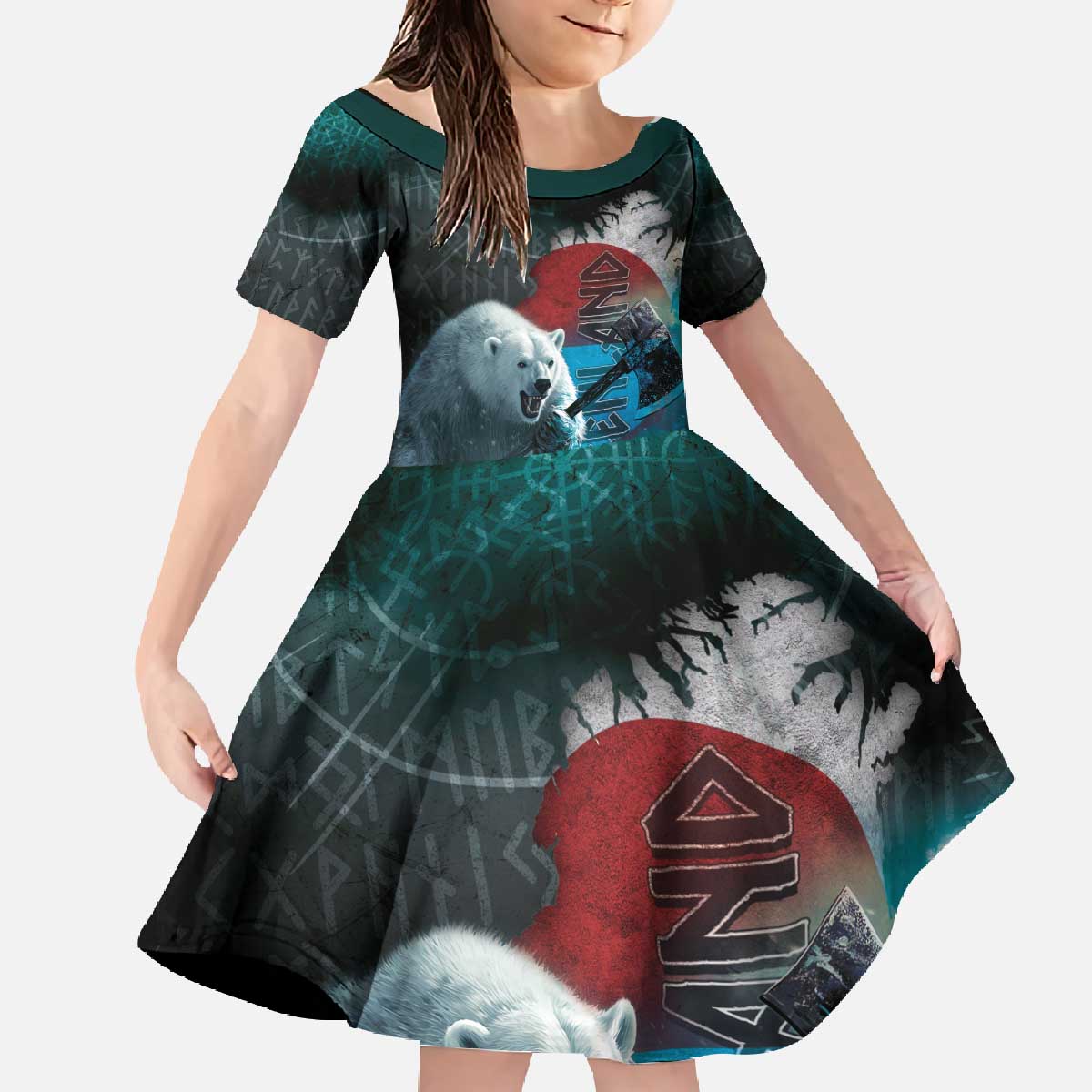 Greenlandic Polar Bear Warrior Family Matching Off The Shoulder Long Sleeve Dress and Hawaiian Shirt Nordic and Runes Style - Wonder Print Shop