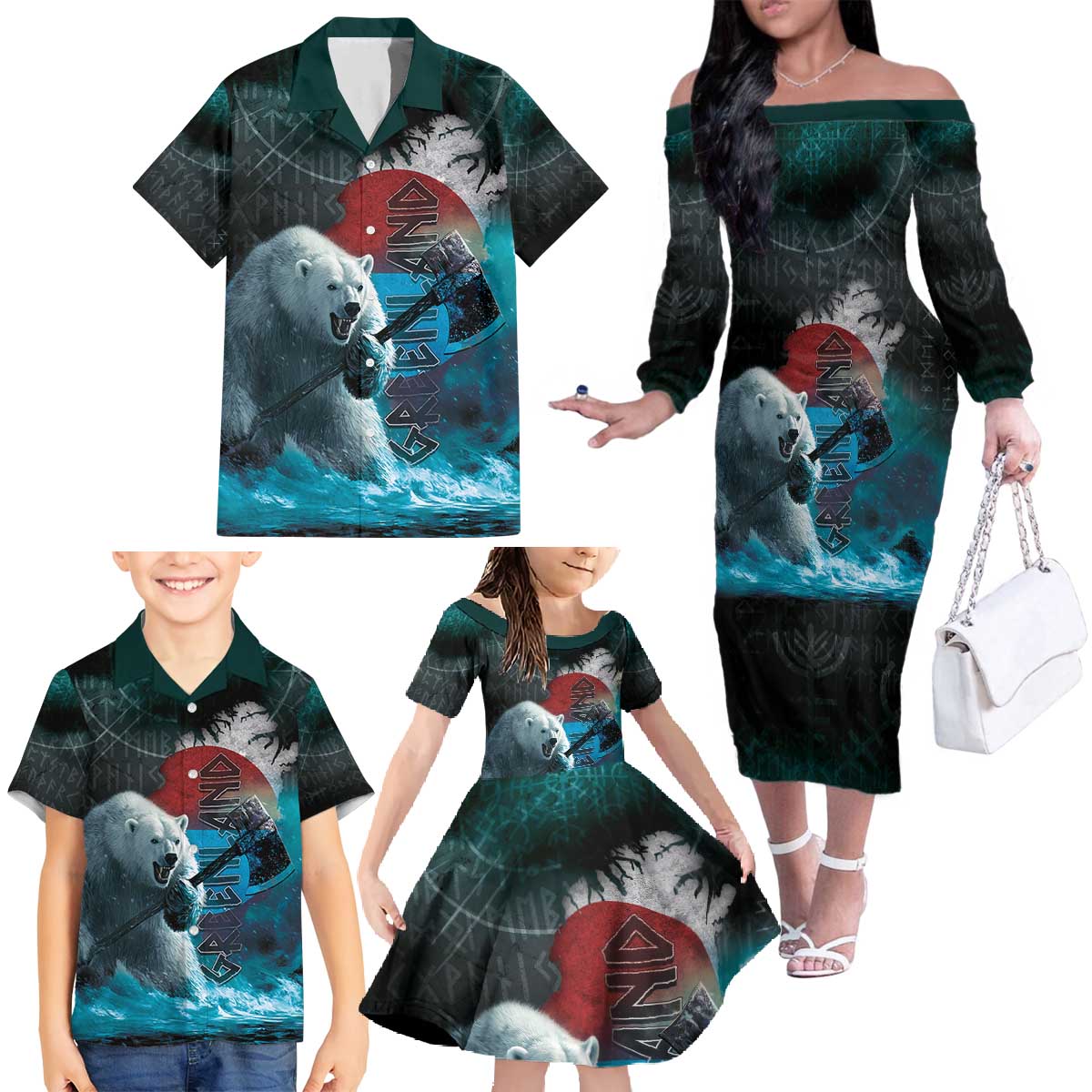 Greenlandic Polar Bear Warrior Family Matching Off The Shoulder Long Sleeve Dress and Hawaiian Shirt Nordic and Runes Style - Wonder Print Shop