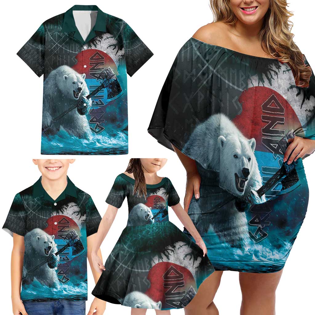 Greenlandic Polar Bear Warrior Family Matching Off Shoulder Short Dress and Hawaiian Shirt Nordic and Runes Style - Wonder Print Shop