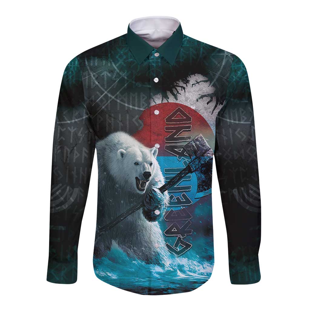 Greenlandic Polar Bear Warrior Long Sleeve Button Shirt Nordic and Runes Style - Wonder Print Shop