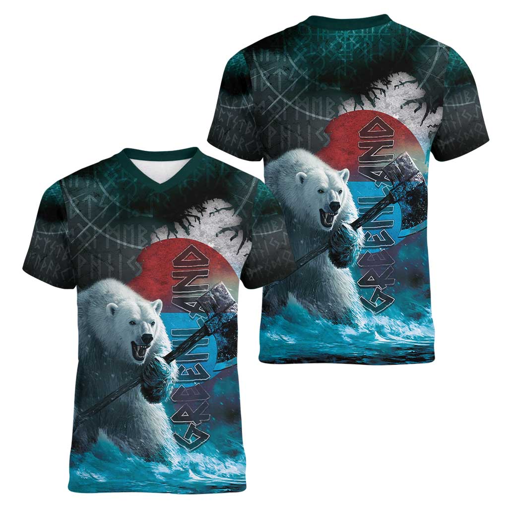 Greenlandic Polar Bear Warrior Women V-Neck T-Shirt Nordic and Runes Style - Wonder Print Shop