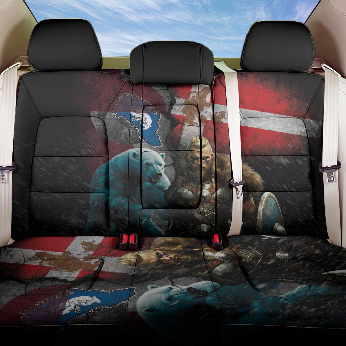 Greenlandic and Danish Together Back Car Seat Cover Polar Warrior Vikings with National Flag Grunge Style - Wonder Print Shop